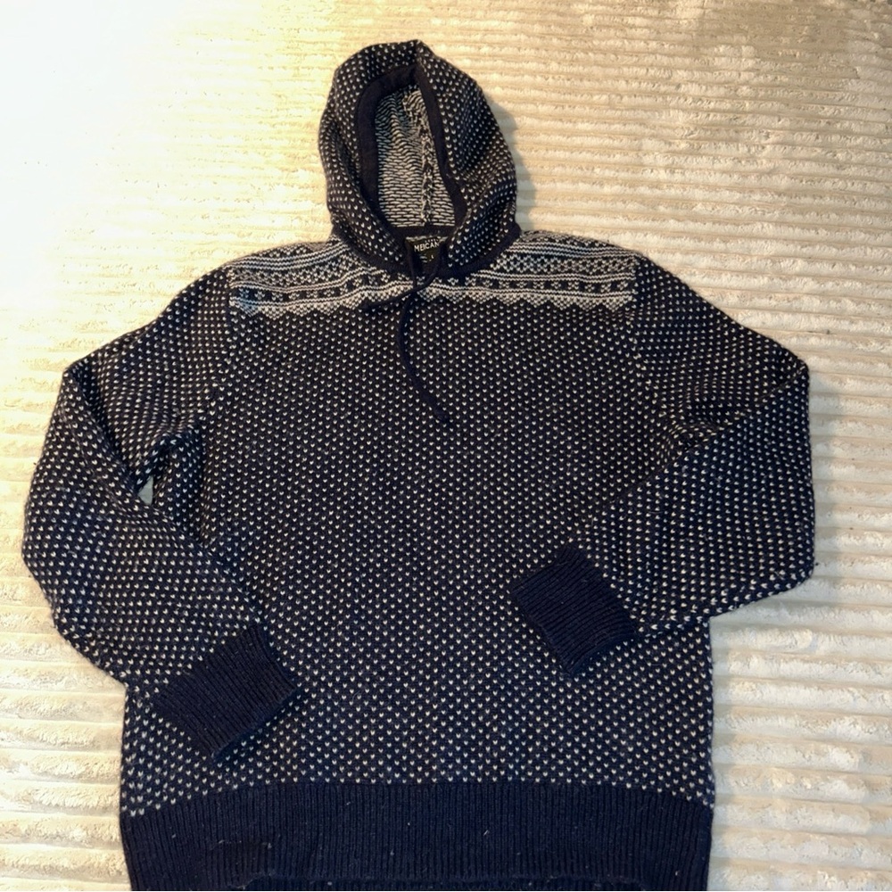 J.Crew Mercantile Lambswool blend Fair Isle Knit Hoodie Sweater Navy Blue Size L - Picture 2 of 8